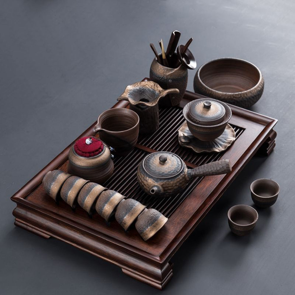 Gongfu Tea Set Wabi-Sabi Pottery – 14-Piece with Tray