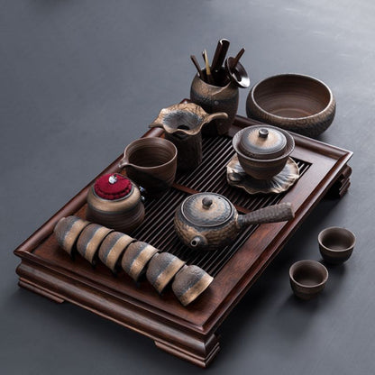 Gongfu Tea Set Wabi-Sabi Pottery – 14-Piece with Tray