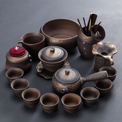 Gongfu Tea Set Wabi-Sabi Pottery – 14-Piece with Tray