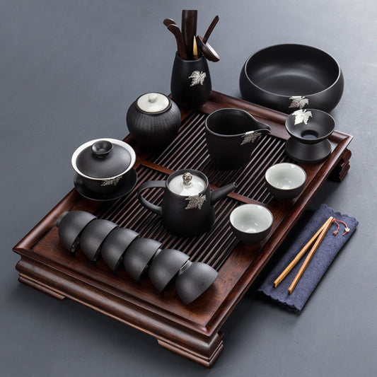 Japanese Black Pottery Tea Set with Tray 16-Piece Gaiwan