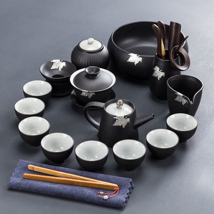 Japanese Black Pottery Tea Set with Tray 16-Piece Gaiwan