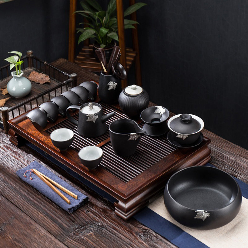 Japanese Black Pottery Tea Set with Tray 16-Piece Gaiwan