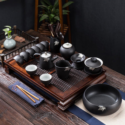 Japanese Black Pottery Tea Set with Tray 16-Piece Gaiwan