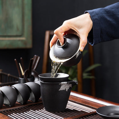Japanese Black Pottery Tea Set with Tray 16-Piece Gaiwan