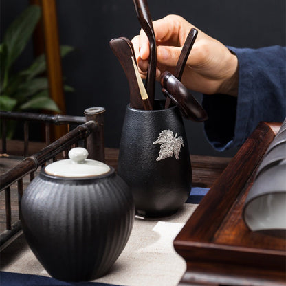 Japanese Black Pottery Tea Set with Tray 16-Piece Gaiwan