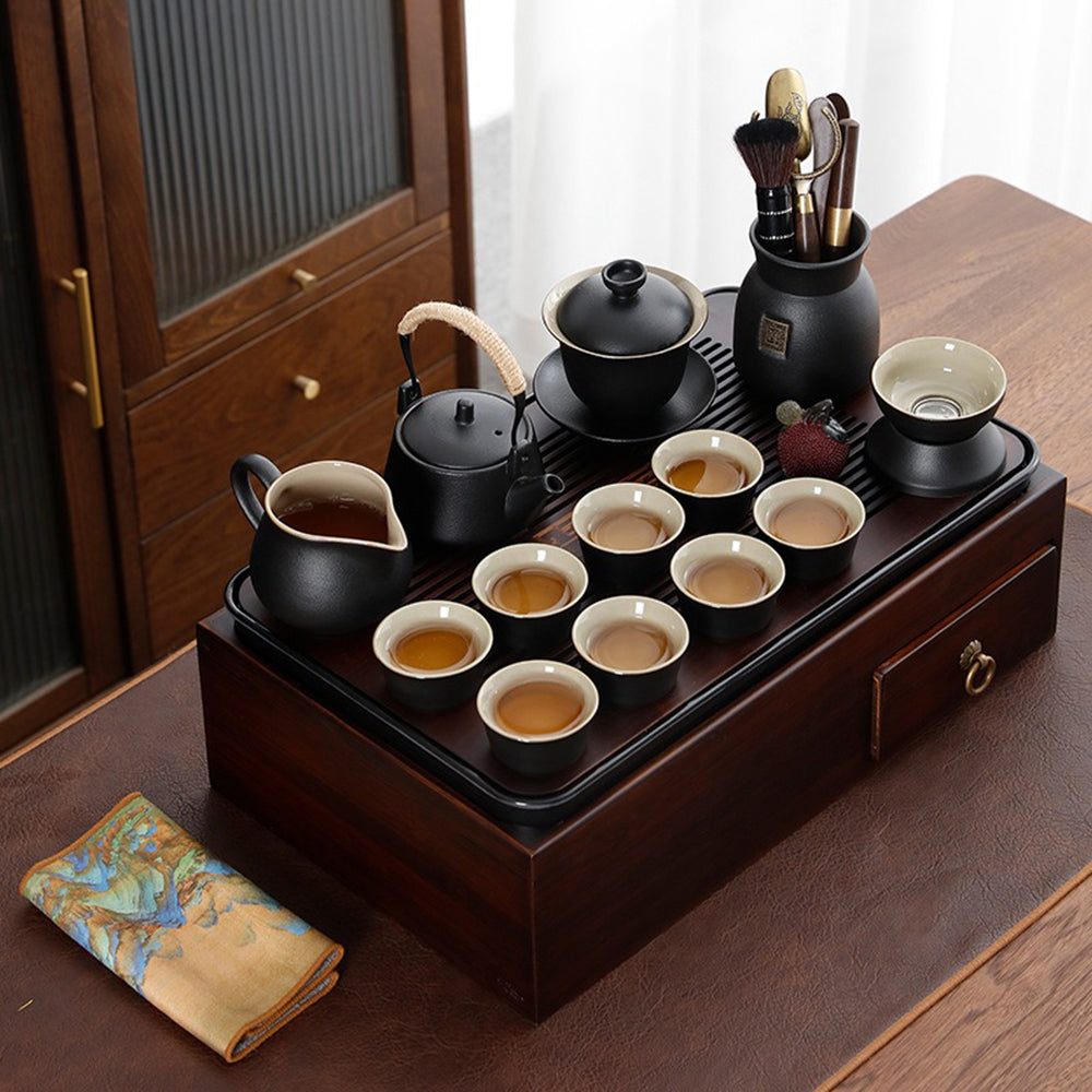 Japanese Black Pottery Tea Set with Storage Box Gaiwan 15-Pc
