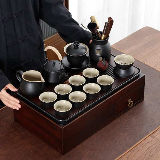 Japanese Black Pottery Tea Set with Storage Box Gaiwan 15-Pc