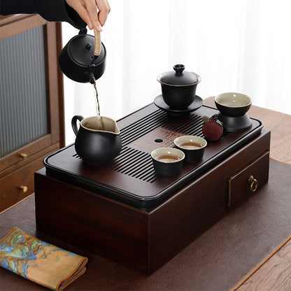 Japanese Black Pottery Tea Set with Storage Box Gaiwan 15-Pc
