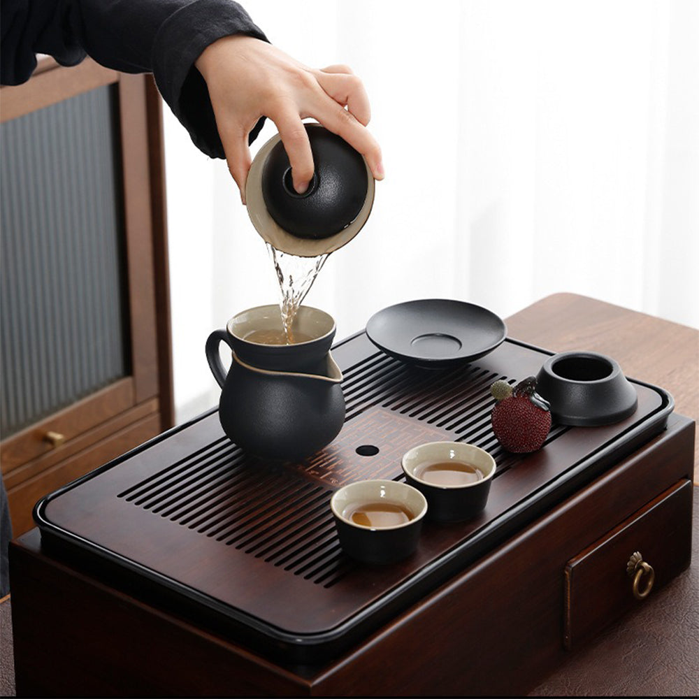 Japanese Black Pottery Tea Set with Storage Box Gaiwan 15-Pc