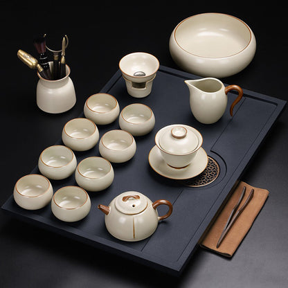 Gongfu Tea Set Ruyao Yellow Glaze 15-Piece with Tea Tray