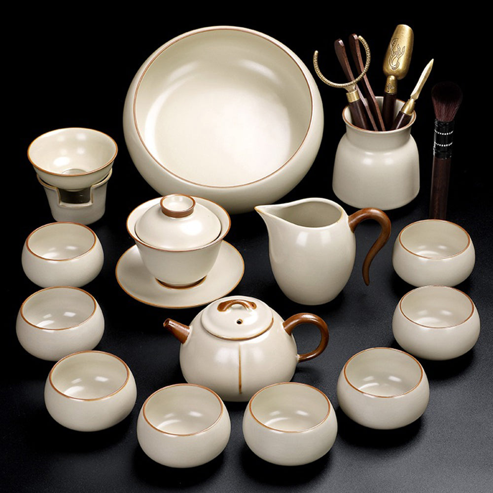 Gongfu Tea Set Ruyao Yellow Glaze 15-Piece with Tea Tray