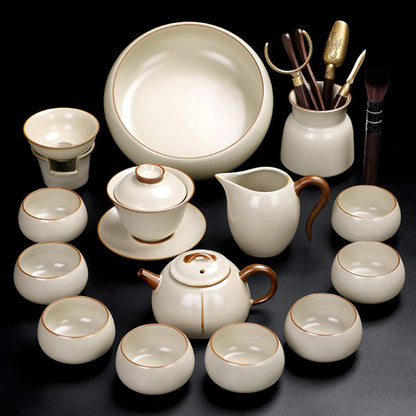 Gongfu Tea Set Ruyao Yellow Glaze 15-Piece with Tea Tray