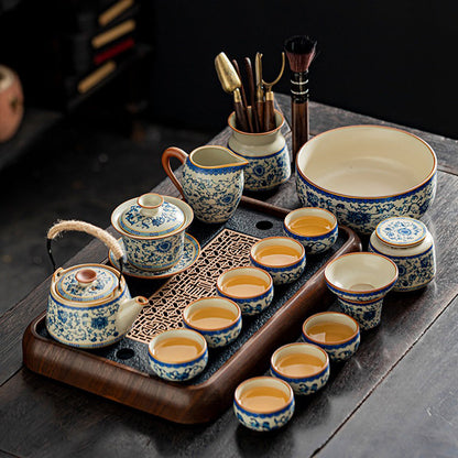 Ruyao Blue White Gongfu Tea Set 17-Piece Black Stone Tray
