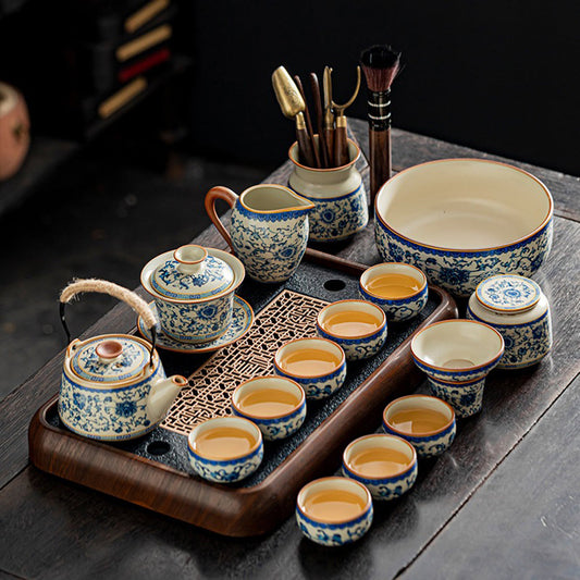 Ruyao Blue White Gongfu Tea Set 17-Piece Black Stone Tray