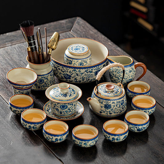 Ruyao Blue White Gongfu Tea Set 17-Piece Black Stone Tray