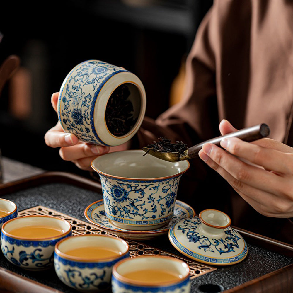 Ruyao Blue White Gongfu Tea Set 17-Piece Black Stone Tray