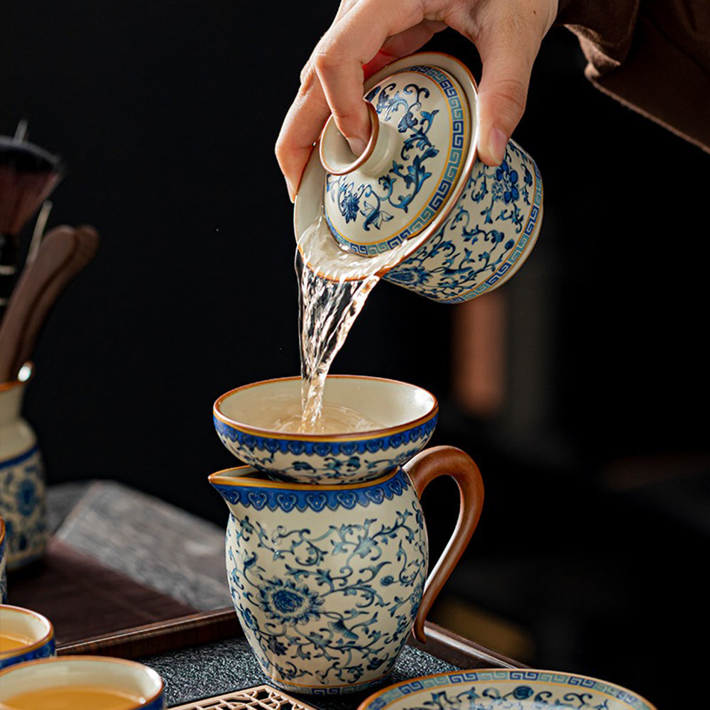 Ruyao Blue White Gongfu Tea Set 17-Piece Black Stone Tray