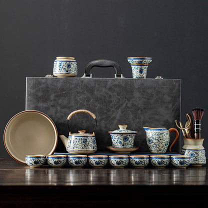 Ruyao Blue White Gongfu Tea Set 17-Piece Black Stone Tray