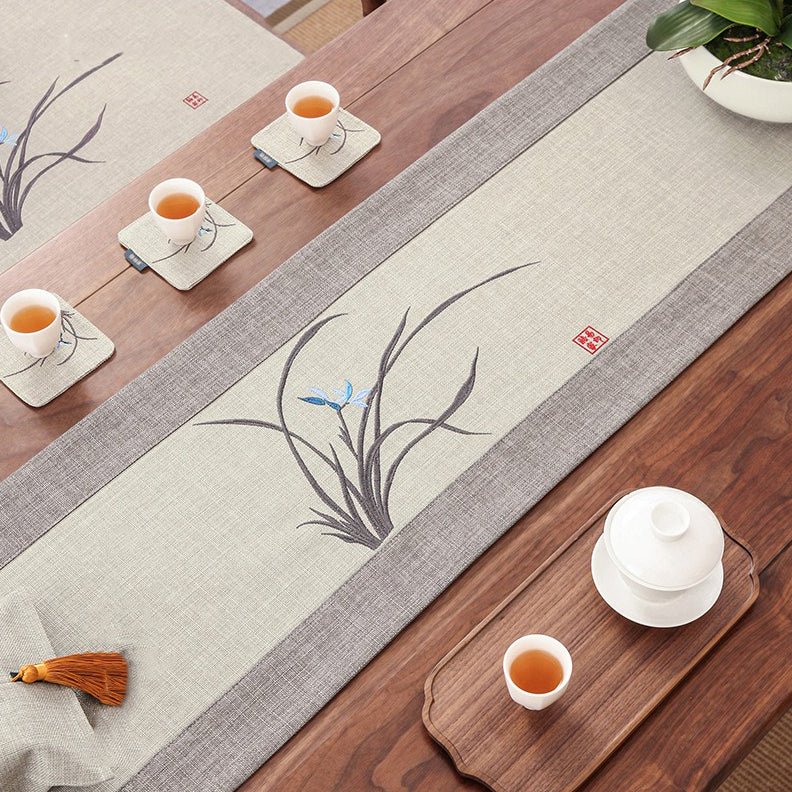 Tea Table Runner Hemp Orchid Embroidery Waterproof 5 Sizes