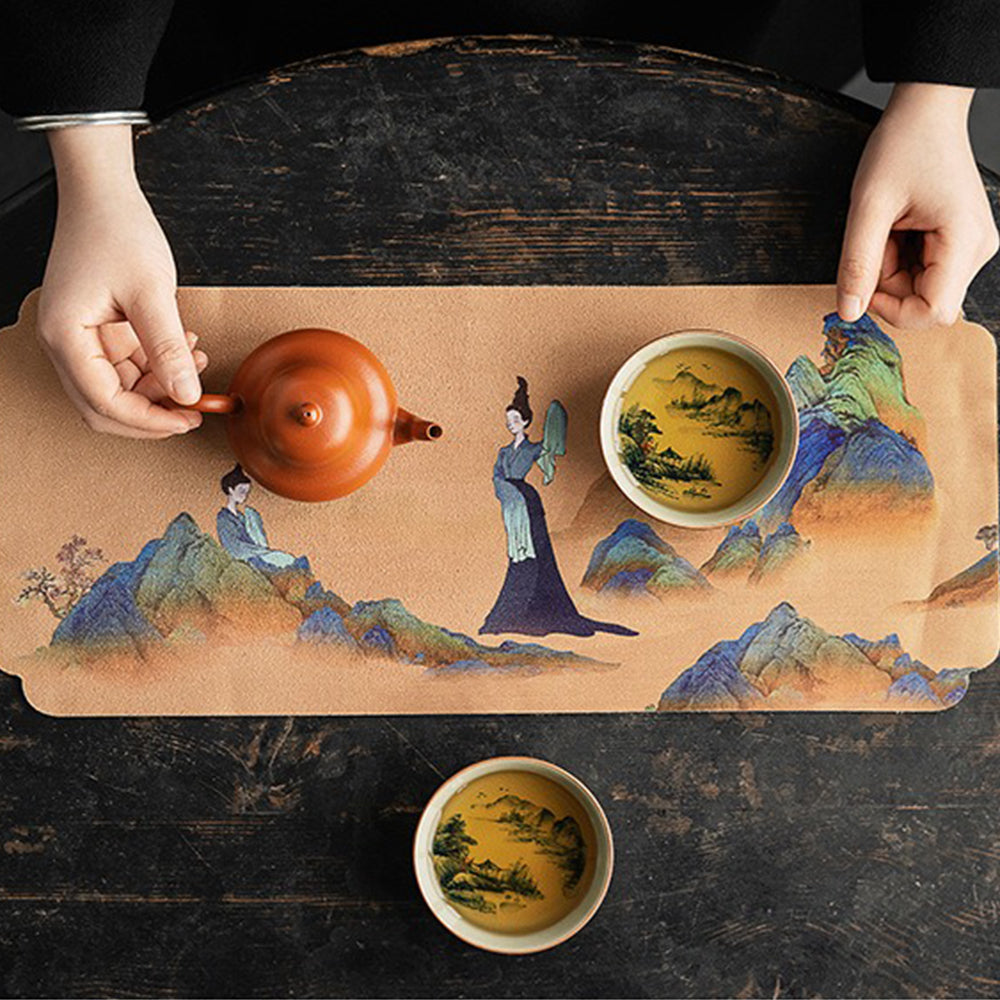 Tea Table Mat Chinese Landscape Suede Dual-Side 4 Styles