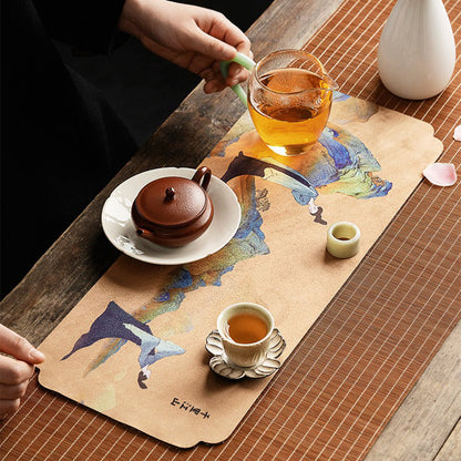 Tea Table Mat Chinese Landscape Suede Dual-Side 4 Styles