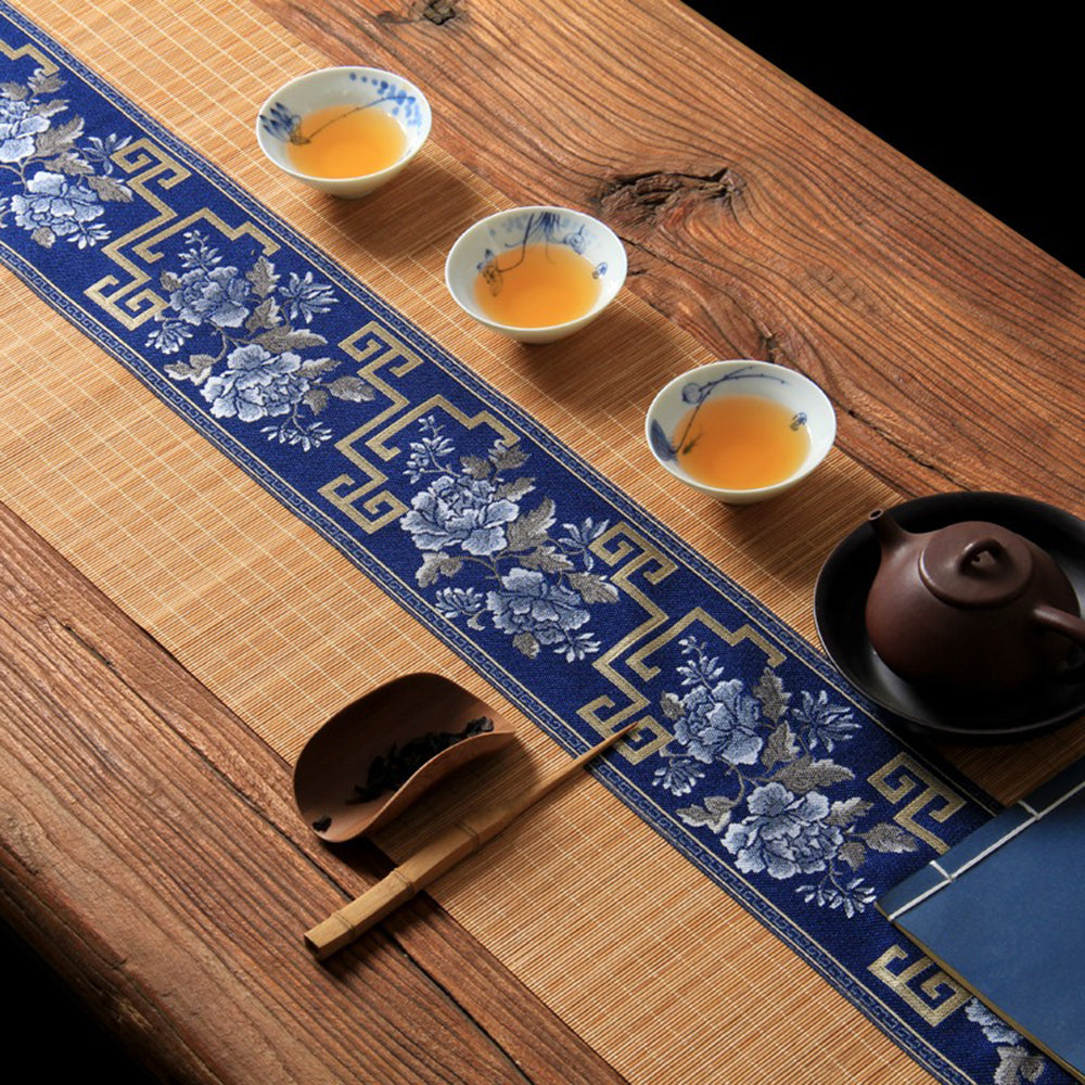 Bamboo Tea Mat Floral Embroidery Rollable 6 Sizes 30cm