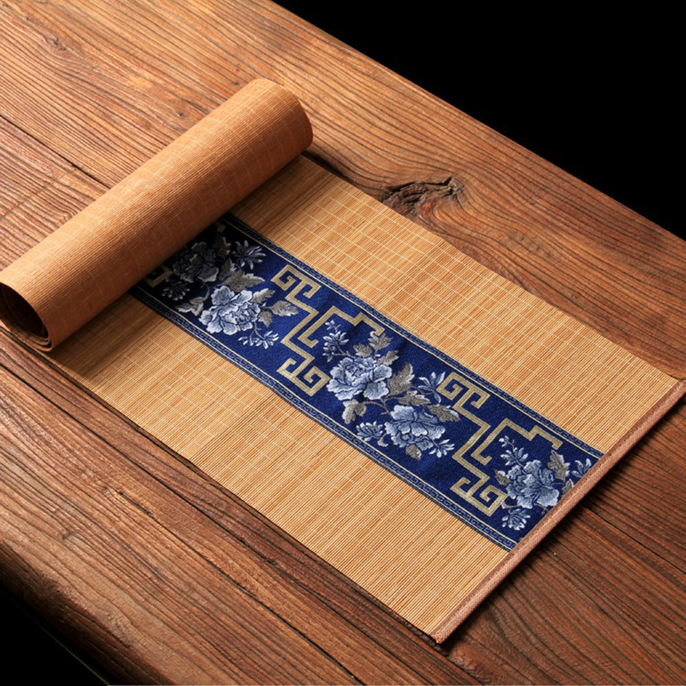 Bamboo Tea Mat Floral Embroidery Rollable 6 Sizes 30cm