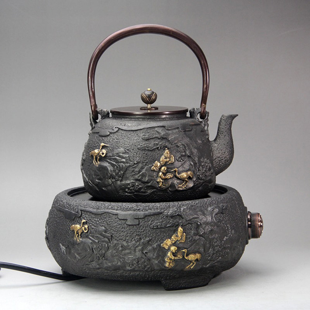 Cast Iron Teapot 1300ml | Pine Crane Gilded Relief & Induction