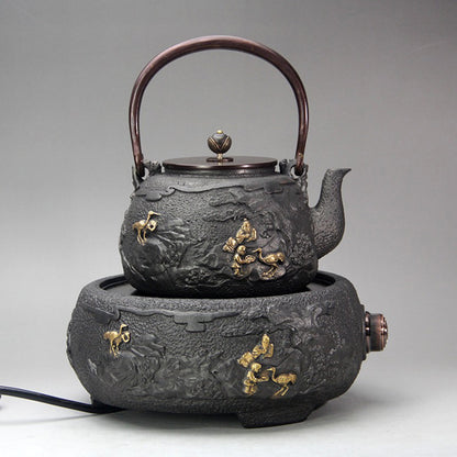 Cast Iron Teapot 1300ml | Pine Crane Gilded Relief & Induction