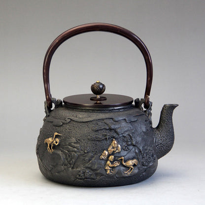 Cast Iron Teapot 1300ml | Pine Crane Gilded Relief & Induction