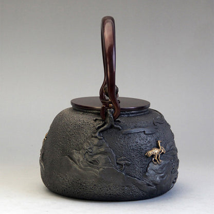 Cast Iron Teapot 1300ml | Pine Crane Gilded Relief & Induction