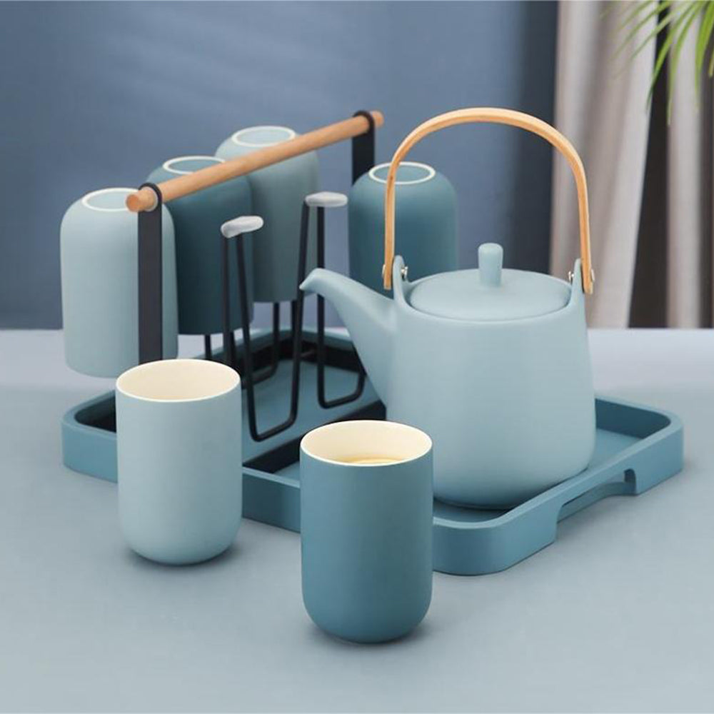 Ceramic Tea Set with Teapot, 6 Cups, Tray & Iron Rack