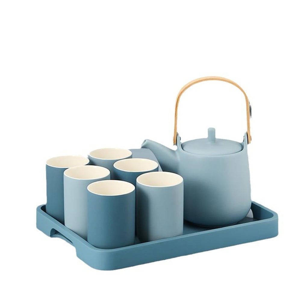 Ceramic Tea Set with Teapot, 6 Cups, Tray & Iron Rack