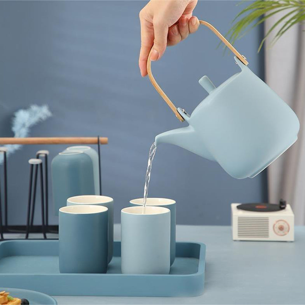 Ceramic Tea Set with Teapot, 6 Cups, Tray & Iron Rack