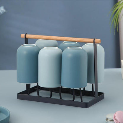 Ceramic Tea Set with Teapot, 6 Cups, Tray & Iron Rack