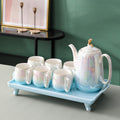 Ceramic Tea Set for 6 – Blue Pearl Glaze & Gold Detail