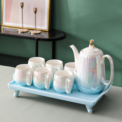 Ceramic Tea Set for 6 – Blue Pearl Glaze & Gold Detail