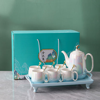 Ceramic Tea Set for 6 – Blue Pearl Glaze & Gold Detail