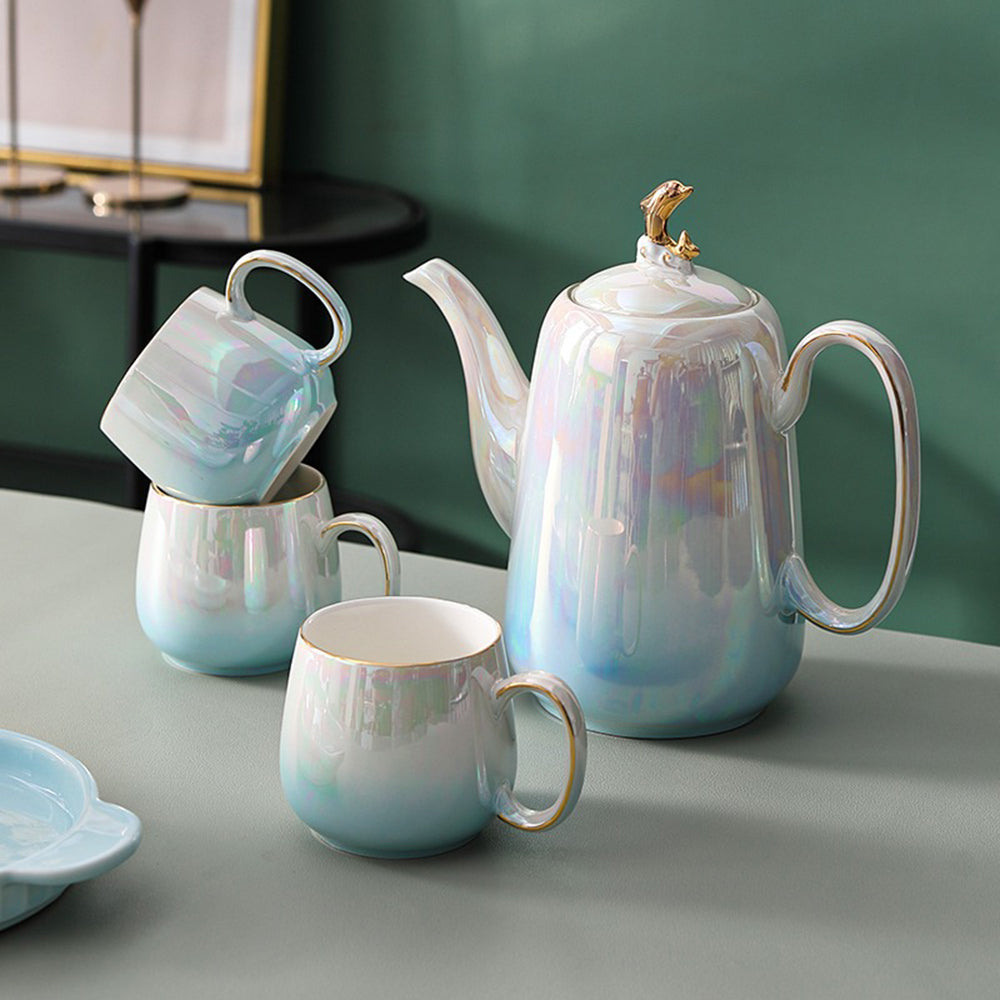 Ceramic Tea Set for 6 – Blue Pearl Glaze & Gold Detail