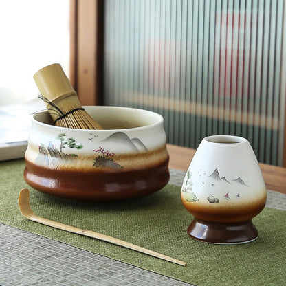 Matcha Tea Set | Mountain Landscape Chawan & Bamboo Whisk
