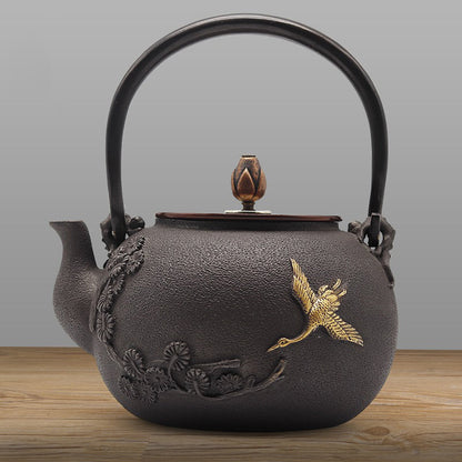 Cast Iron Teapot Pine Crane 1200ml with Copper Lid