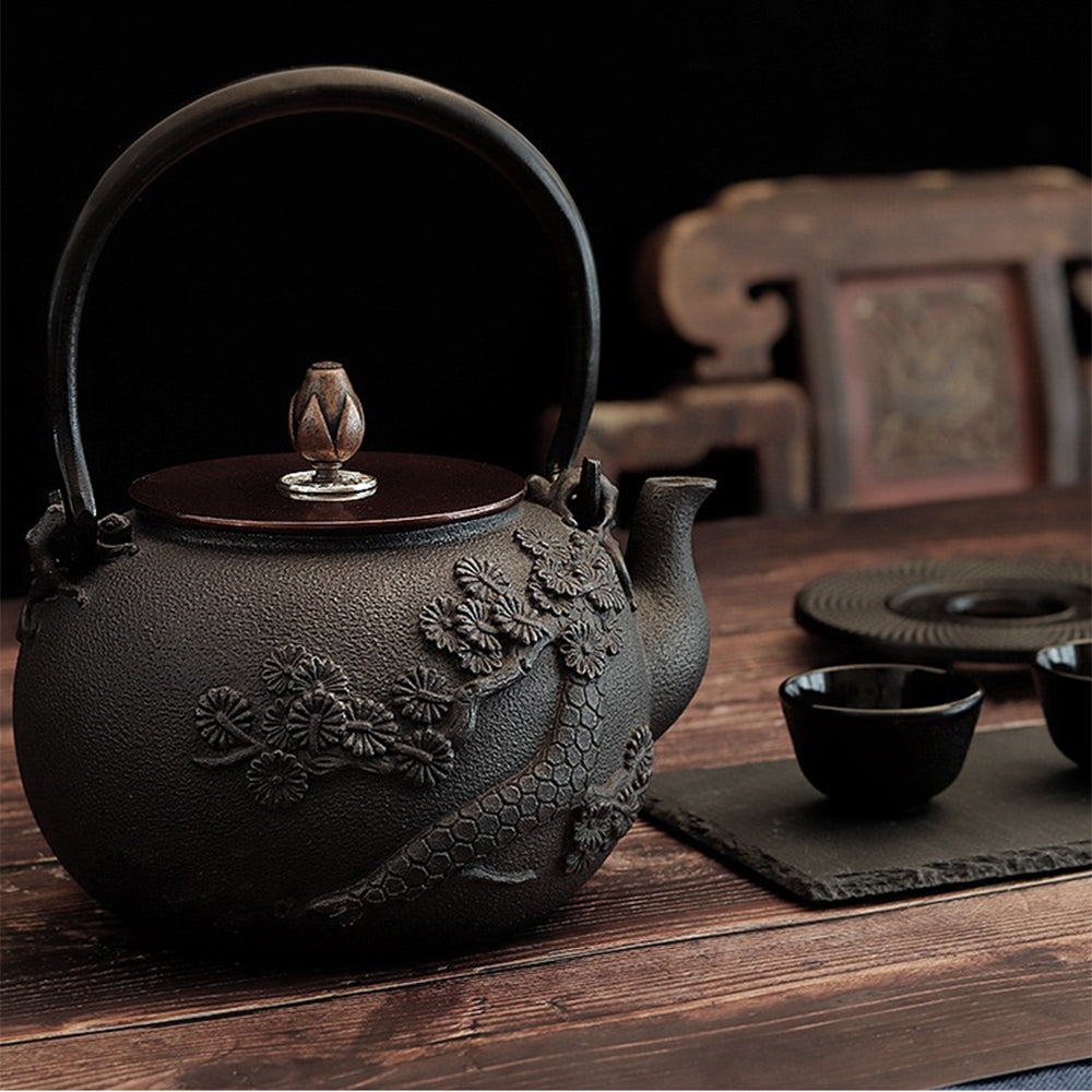 Cast Iron Teapot Pine Crane 1200ml with Copper Lid