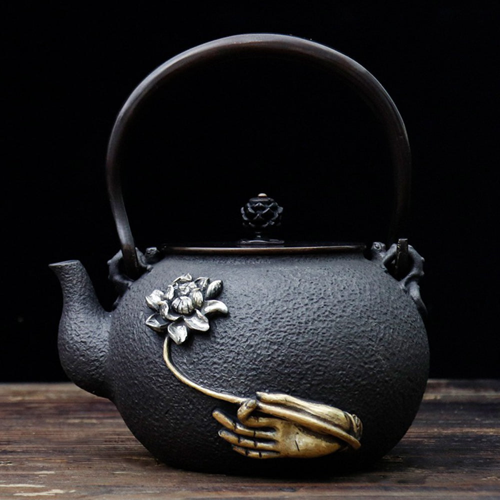 Cast Iron Teapot Buddha Hand Lotus Gold Silver 1300ml Copper