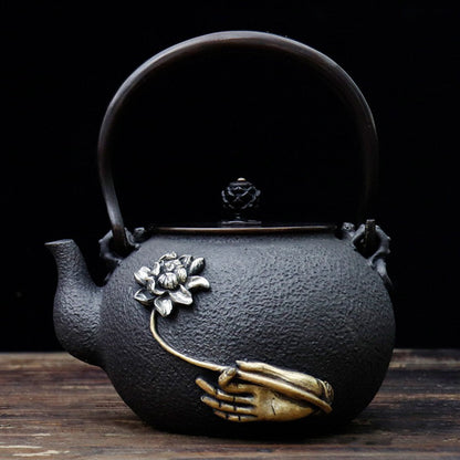 Cast Iron Teapot Buddha Hand Lotus Gold Silver 1300ml Copper