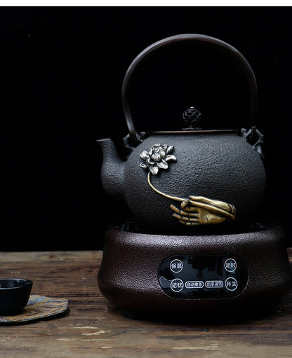 Cast Iron Teapot Buddha Hand Lotus Gold Silver 1300ml Copper