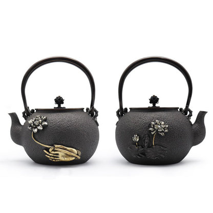 Cast Iron Teapot Buddha Hand Lotus Gold Silver 1300ml Copper