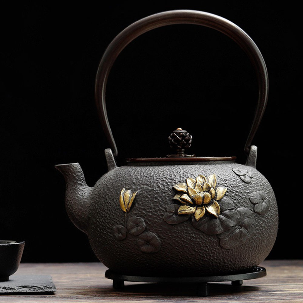 Cast Iron Teapot Japanese Gold Lotus 1200ml Copper Handle Tetsubin