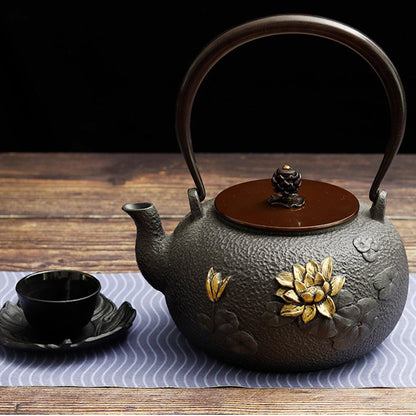 Cast Iron Teapot Japanese Gold Lotus 1200ml Copper Handle Tetsubin