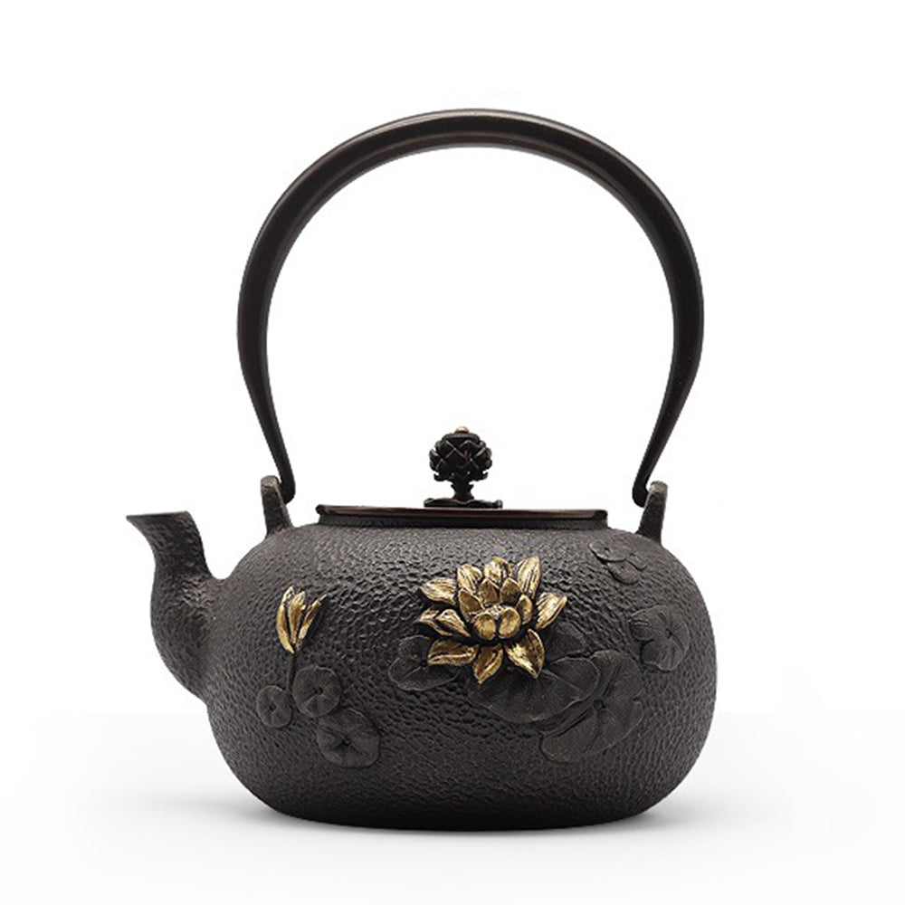 Cast Iron Teapot Japanese Gold Lotus 1200ml Copper Handle Tetsubin