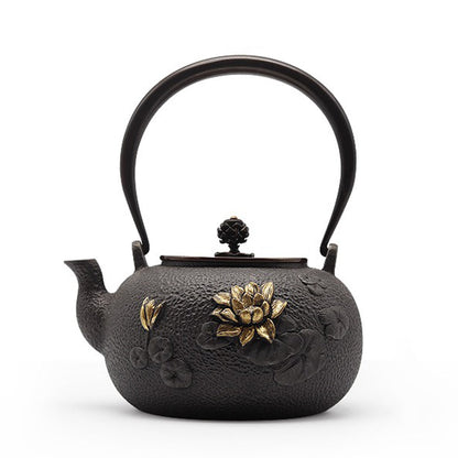 Cast Iron Teapot Japanese Gold Lotus 1200ml Copper Handle Tetsubin